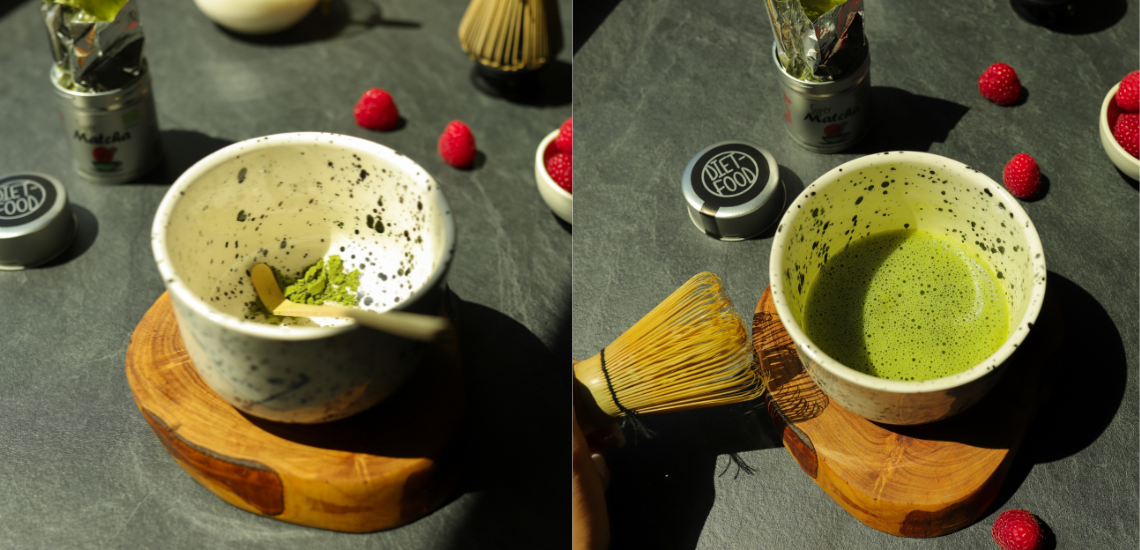 Ceremonial matcha with coconut water and raspberry mousse