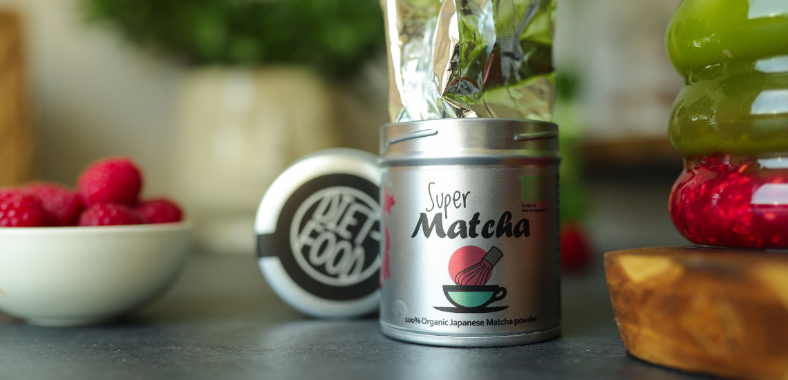 Ceremonial matcha with coconut water and raspberry mousse